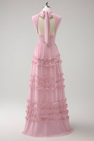 Vestido de dama de honor de gasa con volantes en forma de A y espalda abierta